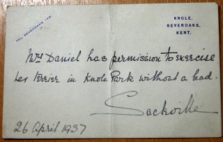 A permission slip from Lord Sackville allowing Mrs. Daniel to walk her dog in the park without a lead