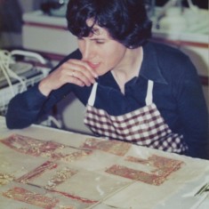 Jenny Wright_pondering Jenny Wright in the 1970s couching stitches on the King's Bed curtain