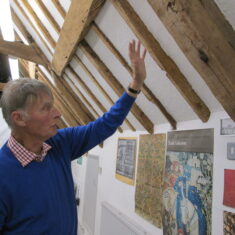 David_explaining Needlework Room rafters Visiting Knole in 2016, David showed how his work in the 1960s has stood the test of time